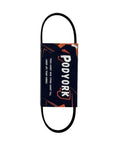 Top Tier 83 Inch V Ribbed Belt Replacement For Your Ride That Fits Perfectly With 4 Ribs And EPDM Rubber Construction, showing packaging and belt.