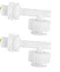 Two Pack Polypropylene Float Switches M10 Thread 55 Mm White For Water Level Sensing And Control In Tanks And Pumps DIY Projects Easy Install Durable And Reliable Relay Required For Safe Operation. White polypropylene float switches with yellow wire, side view