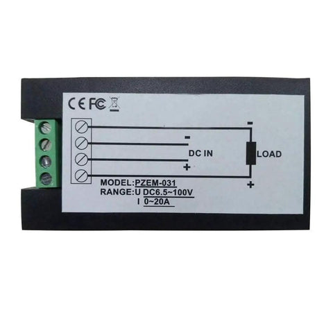 Back view of Digital LCD Ammeter Voltmeter Power Meter 6.5V To 100V 0-20A Range with Built-In Shunt showing wiring diagram