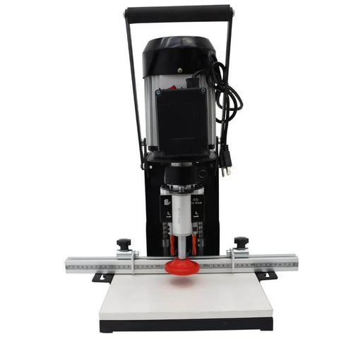 Front view of WYDDDARY portable hinge drilling and boring machine with metal base, ruler guide, and black motor housing