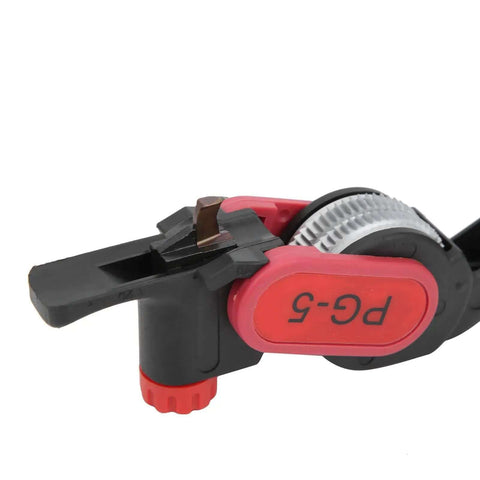 Close-up of Heavy Duty Cable Stripper Cutter Pro Grade Manual Longitudinal Slitter with replaceable blades, adjustable depth, black and red design.