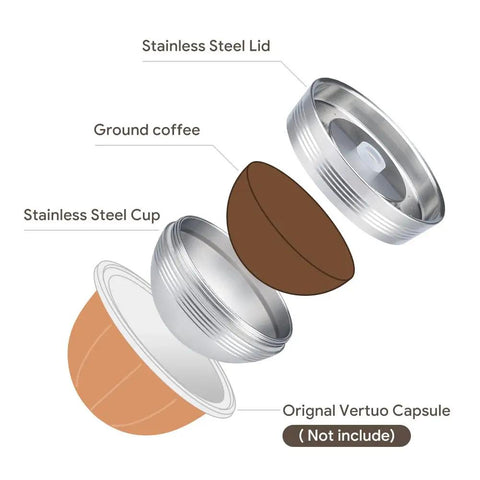 Refillable Vertuo Next Coffee Capsule Pro Grade Set With Stainless Steel Cap Reusable Pods For 230ml Crema VertuoLine Compatible.