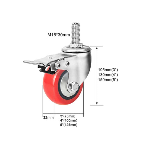 Heavy Duty Swivel Caster Wheels With Brakes PU Castors M Threaded Stem 360 Degree Rotation showing dimensions and brake lever