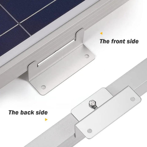 Z Mounting Brackets For Solar Panels 50W To 300W Set Of 4 Durable Aluminum Racks For Roofs RVs Boats Trailers And Off Grid Installations Easy On Irregular Surfaces, front and back view of aluminum bracket on solar panel