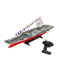 RC Aircraft Carrier Warship Toy With 2.4GHz Dual Motor Power And High Speed Remote Control LED Lights displayed with remote control