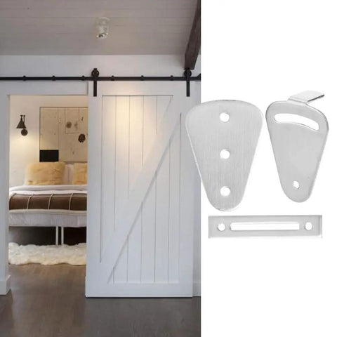 Tarnish-Proof Stainless Steel Barn Door Lock Kit With No Fuss Easy Install For Sliding Barn Doors And Hanging Rails Includes 3 Metal Sheets 4 Gaskets And 5 Screws For A Solid Long Lasting Lock Up. stainless steel parts shown with sliding barn door