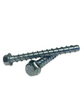 Close-up of heavy duty 5/8 inch concrete screw anchors 8 inch long showing engineered threads for tight fit and no slip