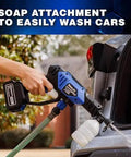 Person using Portable Cordless Pressure Washer With Turbo Jet Power 350 PSI 21V Battery to wash car with soap attachment.