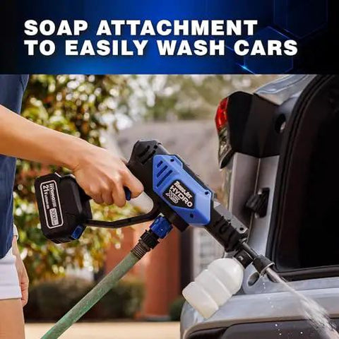 Person using Portable Cordless Pressure Washer With Turbo Jet Power 350 PSI 21V Battery to wash car with soap attachment.