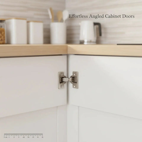 Non Standard Angle Cabinet Door Hinge For Corner And Angled Frames DIY Friendly Cold Rolled Steel Hardware installed on white cabinet.