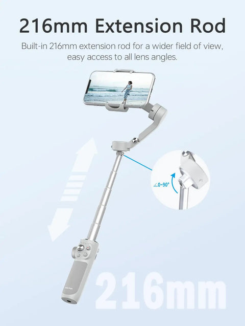 8.4 Inch Extendable Smartphone Gimbal With AI Tracking And Gesture Control, showcasing the 216mm extension rod for vlogs