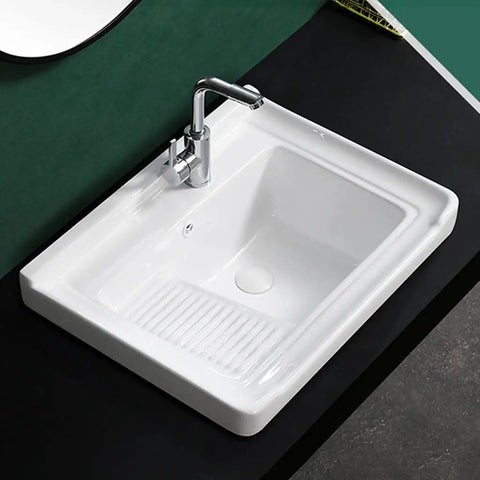 Ceramic Laundry Sink - Single Bowl Bathroom Vessel Sink, Semi-Recessed Square Design With Washboard, Easy To Clean for laundry room top view.