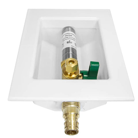Ice Maker Outlet Box With One Half Inch Pex Expansion Inlet And One Quarter Inch OD Compression Outlet Preinstalled One Quarter Turn Lead Free Brass Ball Valve And Copper Hammer Arrestor White NSF 61G Compliant Expansion Tool Required, front view