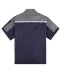 Men's Heavy Duty Mechanic Work Shirt Built Tough For The Daily Grind With Reflective Safety Stripes And Durable Zippered Front Short Sleeve Shop Uniform Jacket In Gray And Navy Blue - rear view