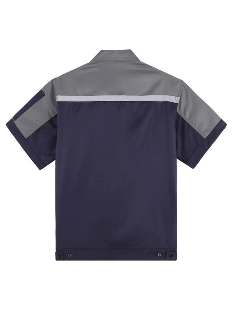 Men's Heavy Duty Mechanic Work Shirt Built Tough For The Daily Grind With Reflective Safety Stripes And Durable Zippered Front Short Sleeve Shop Uniform Jacket In Gray And Navy Blue - rear view