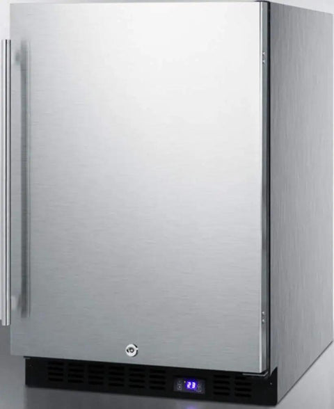 Premium Stainless Steel Under Counter Upright Freezer With True Frost Free Tech And Precise Digital Thermostat For Built In Or Standalone Setup In 24 Inch Kitchens Straight Up Storage Game Changer, front view with digital display.