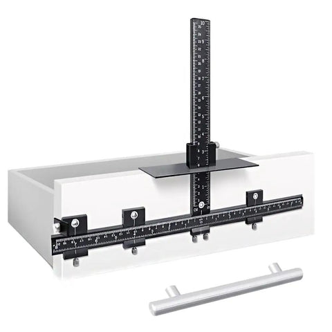 All Aluminum Cabinet Hardware Jig For Precise Drilling And Alignment with metal guide ruler on wooden drawer