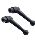 Tough Zinc Alloy M12 Quick Swap Clamping Lever With Push Button Ratchet Lock And Female Threads For Lathe Machinery And Weekend Shop Fix Ups 2 Pack, pair of black clamping levers.