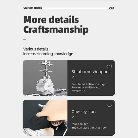 Infographic illustrating features of RC Aircraft Carrier Warship Toy With 2.4GHz Dual Motor Power And High Speed Remote Control LED Lights Waterproof Hull Low Battery Alert LHD 883 Naval Ship For Lake And Pool Durable Build For Outdoor Dope Fun, focusing on shipborne weapons and one-key start function.