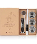 Reusable Coffee Filter Capsules Set For Nespresso Original Machines with 3 refillable pods, stainless steel filter, and tamper