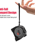 No Sweat Laser Tape Measure With Dual Cross Line Generator And Crisp Backlit Screen Featuring Linear Volume Plus Pythagorean Modes For Quick Construction And Remodeling, shown with anti-fall lanyard for portability.