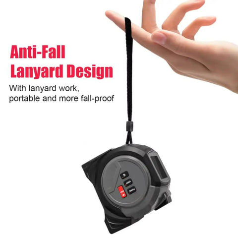 3‑in‑1 Laser Tape Measure Handheld Distance Meter for Construction Remodeling with anti-fall lanyard design for portability.