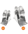 Rock Solid 304 Stainless Steel V Groove Plate Casters Heavy Duty Sliding Gate Track Rollers in 2in and 3in sizes.