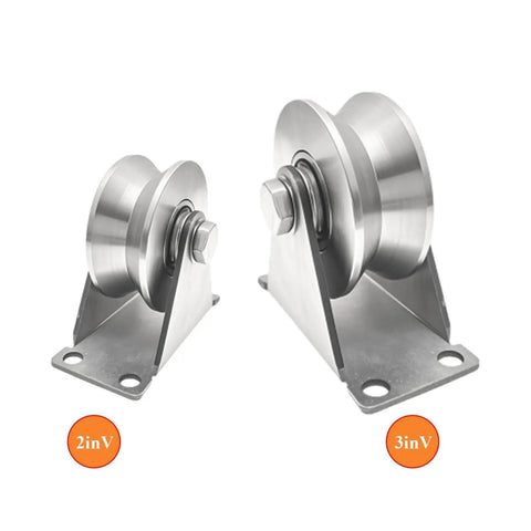Rock Solid 304 Stainless Steel V Groove Plate Casters Heavy Duty Sliding Gate Track Rollers in 2in and 3in sizes.