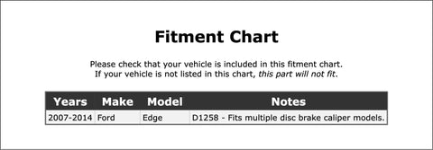Fitment chart for Ford Edge Front Disc Brake Caliper Pin Boot Kit 2007-2014 OE Replacement with vehicle compatibility details.
