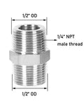 Three Piece Set Of One Quarter Inch NPT Male Stainless Steel Nipple Connectors With Hex Heads 304 Stainless Steel