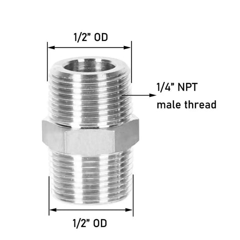 Three Piece Set Of One Quarter Inch NPT Male Stainless Steel Nipple Connectors With Hex Heads 304 Stainless Steel