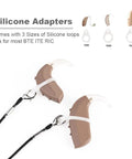 Anti Lost Hearing Aid Clip Lanyard With Adjustable Silicone Loops For BTE Ear Aids Durable Neck Clip shown with brown hearing aids