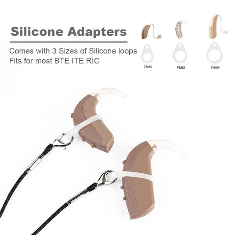 Anti Lost Hearing Aid Clip Lanyard With Adjustable Silicone Loops For BTE Ear Aids Durable Neck Clip shown with brown hearing aids