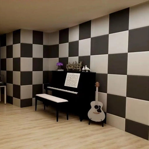 Solid Soundproof Foam Panels For Home Studio Acoustic Wall Tiles With Beveled Wedge Design installed in a music room with piano.
