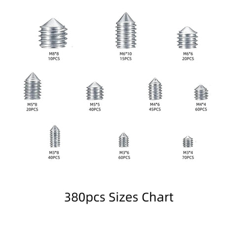 380 Piece Metric Internal Set Screw Kit with M3 M4 M5 M6 M8 Sizes Including Hex Allen Head Socket Cup Point Grub Screws size chart