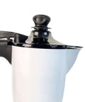 Manual Coffee Percolator Stovetop Espresso Maker with black handle and lid, durable aluminum design, visible from the side