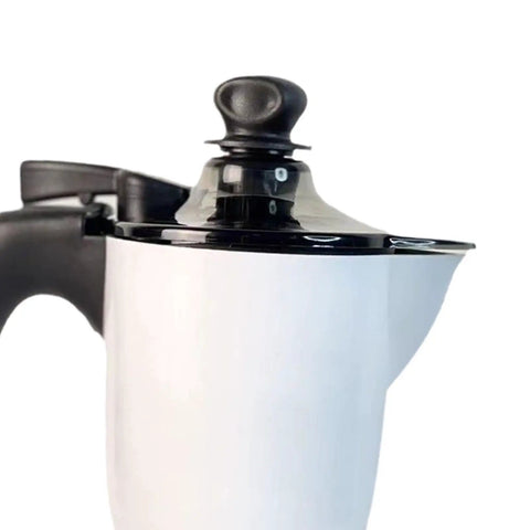 Manual Coffee Percolator Stovetop Espresso Maker with black handle and lid, durable aluminum design, visible from the side