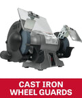 Six Inch Bench Grinder With 3450 Rpm And Quarter Horsepower Motor, featuring cast iron guards and dual grit stones.