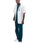 Mens Short Sleeve Lab Coat White 31 Inch Consultation Jacket With Chest Pocket And Angled Pockets Unisex Medical Scrub Top For Docs And Nurses Reinforced Seams Built To Last, worn by a smiling male model.