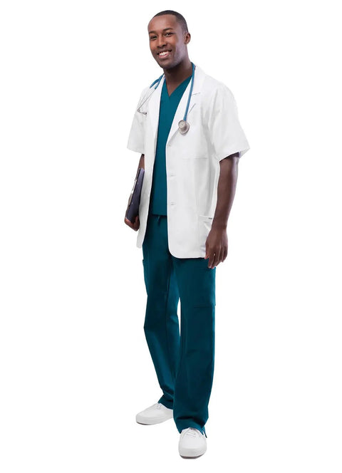 Mens Short Sleeve Lab Coat White 31 Inch Consultation Jacket With Chest Pocket And Angled Pockets Unisex Medical Scrub Top For Docs And Nurses Reinforced Seams Built To Last, worn by a smiling male model.