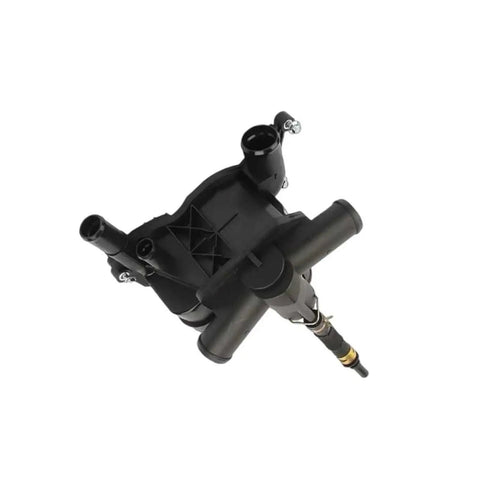 Straight Bolt On Engine Coolant Thermostat Assembly For Range Rover L322 top view showcasing black polymer and brass components.