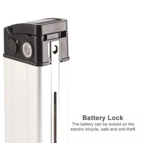 Heavy Duty Electric Bike Lithium Battery Storage Case Compatible With 36 Volt And 48 Volt Packs, detail of battery lock feature.