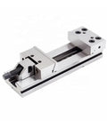 Precision Machine Vise Featuring A Quick Adjust Slide Bar And Rock Tight Jaw Grip Built Like A Tank For Cnc Engraving And Heavy Duty Workshop Clamping Jobs, showing metal construction and slide mechanism.