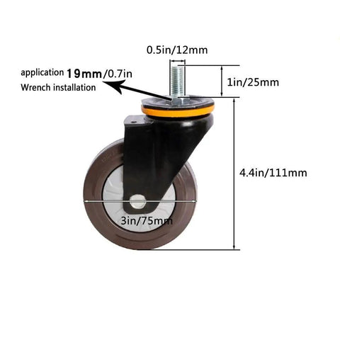 Heavy Duty Swivel Castor Wheels With Secure Lock Brake And M12 Threaded Stem, 3in rubber wheel, 4.4in height, wrench installation.