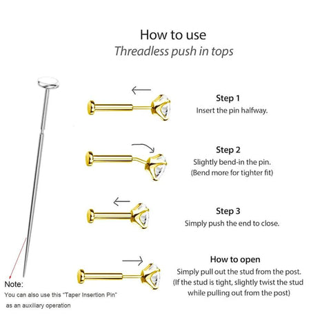 Instruction guide for Threadless Flat Back Earrings Set For Tragus Cartilage Nose Lip Medusa Piercings, showing steps to insert.