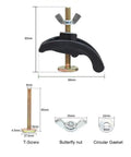 Heavy Duty Arcuate Press Plate Clamp For CNC Engraving Machine Fixture Hold Down Tool with butterfly nut and T-screw dimensions.