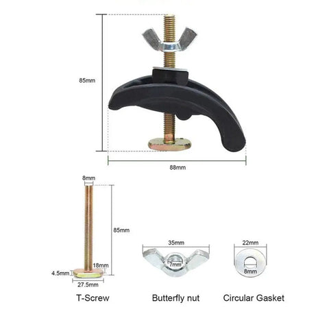 Heavy Duty Arcuate Press Plate Clamp For CNC Engraving Machine Fixture Hold Down Tool with butterfly nut and T-screw dimensions.