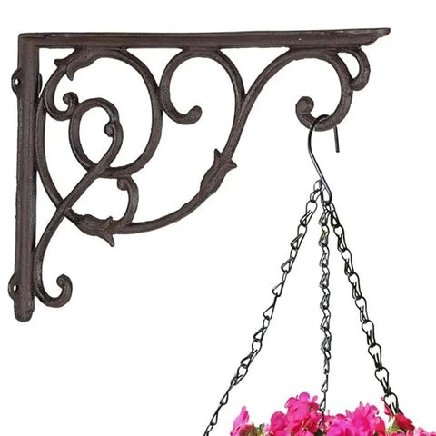 Hella Sturdy Rock Solid Cast Iron Wall Mounted Corner Support Brackets With A Killer Vintage Floral Design for hanging planters.