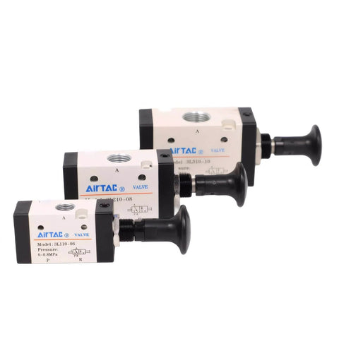 Three Push Pull Pneumatic Valve With Hand Lever, Three Way Air Control Valve, Direct Acting, showing aluminum alloy body and ports