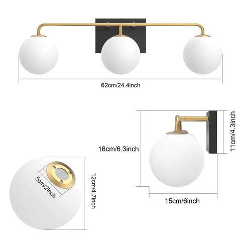 Three Light Mid Century Vintage Bathroom Vanity Light Fixtures Over Mirror Black and Gold Industrial Vanity Lights With Milk White Glass Globe For Farmhouse Bath Lighting, dimensions labeled